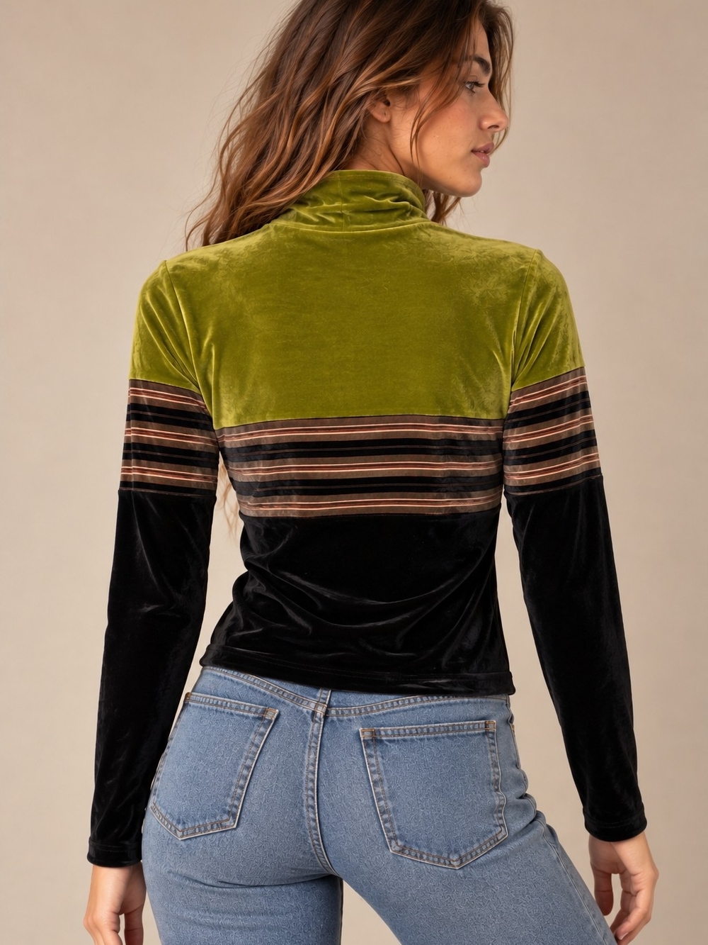 Energie Womens L Green Black Velvet Velour Turtleneck Striped Y2K Top